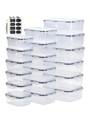PREMIFY 18pcs Food Storage Container Set with Locking Lids + 20 Labels, Large Rectangular (Space Saving) Airtight Plastic Meal Prep Containers for Kitchen &amp; Fridge, BPA-Free &amp; Microwave Safe