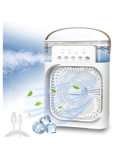 Portable Spray Cooling fan with ice Air Conditioner, Mini Evaporative Cooler, Cooler 3 Speeds, USB Personal Conditioner with 7 LED Light 1-3H Timer AC Cooling Fan for car Home Office Room, White