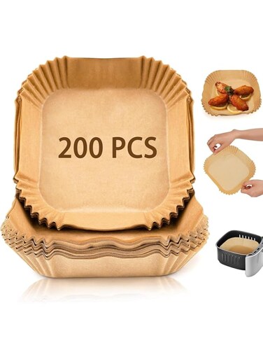 Bolivia's Square Air Fryer Paper Liners, 200 PCS Grease and Water Proof Non Stick Basket Parchment Paper, Food Grade Cooking Paper for Air Frying, Roasting Microwave, Disposable Airfryer Liners