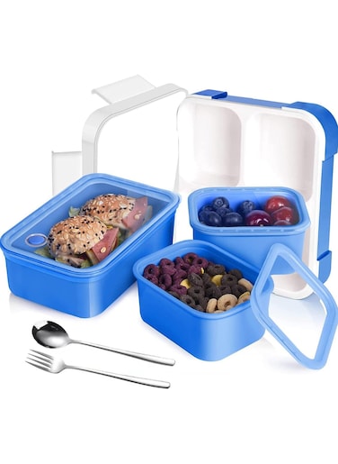 Lunch Box for Kids Adults,Insulated Bento Lunch Box with Tableware, 1260ML 3 Compartment Divided Lunch Containers with Lids, Leakproof   BPA Free   Dishwasher Microwave Safe (Plastic,Blue)