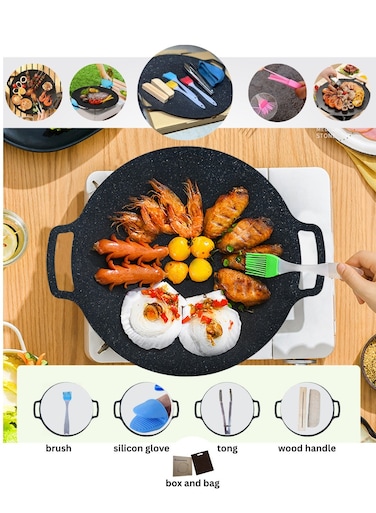 Korean BBQ Grill Pan Set, Non-Stick Round Medical Stone Barbecue Pan with Handles, Multi-Purpose Stovetop Grill for Indoor Outdoor Cooking, Includes Tong, Pastry Brush &amp; Grip Gloves &acirc;&euro;&ldquo; 34cm