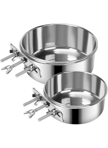 ELVASEN 2 Pcs Dog Food Water Bowl for Cage, Pet Kennel Hanging Bowls with Upgraded Clamp Holder Stainless Steel Non-Spill Detectable Cats Bowls Crate Feeder Dish (7.1x2.7'' &amp; 5.5x2.3'')