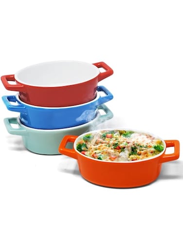 joeji's Kitchen Set of 4 Round Ceramic Oven Ramekins - Ideal for Baking Gratin Lasagne and Stoneware Terrine Recipes - Small Individual Oven Dish - Dishwasher and Freezer Safe