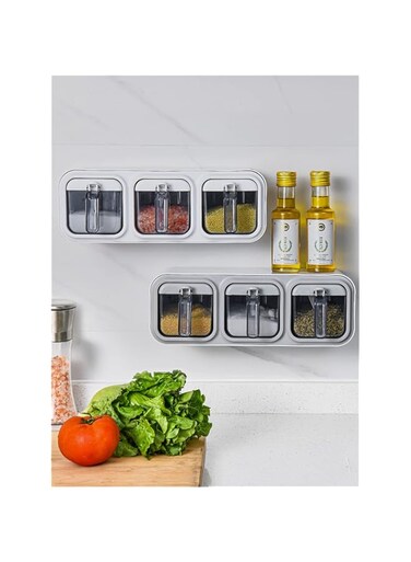 Triangle Wall Mounted Spice Jars with Handle, Cover &amp; Spoon, Moistureproof . Box, Stackable Spice Organizer, Spice Tin, Dressing &amp; Spice Dispenser Storage Container (3 Grid, White)