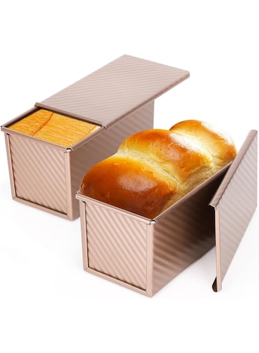 Pan with Lid, 2 Pack 1 lb Non-Stick Bread Loaf Pans Carbon Steel Bread Toast Box with Cover for Homemade Bakeware Bread Toast Oven Baking - Rose Gold