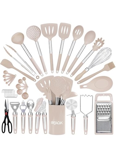 Kitchen Utensils Set with Holder, 40PCs Silicone Cooking Utensils Set for Nonstick Cookware,Kitchen Gadgets includes Can Opener,Potato smasher &amp; Peeler,Tongs,spatulas,Pizza cutter &amp; Much more (Khaki)