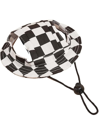 Plaid Pattern Dog Hat with Ear Hole Round Brim Dog Puppy Cat Sun Hat Bucket Hat Outdoor Sun Protection Pet Caps for Small Medium Cats Dogs Kitten (Black and White, S)