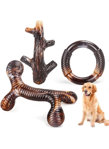 Zimtty Dog Toys, 3 Pack Indestructible Dog Chew Toys for Aggressive Chewers, Tough Nylon Real Bacon Flavor Teething Chew Toys for Large Medium Small Dog Breeds (Brown1)