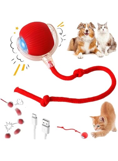 PALTUZ Chewie Ball &ndash; Interactive Rolling Pet Toy, Smart Automatic 360&deg; Rotating Ball for Cats &amp; Dogs, USB Rechargeable Chewie Viral Ball (Red)