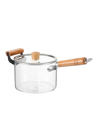 4.5 Liter Cooking Saucepan with Lid and Double Wooden Handle Glass Saucepan with Cover, Borosilicate Glass Cookware
