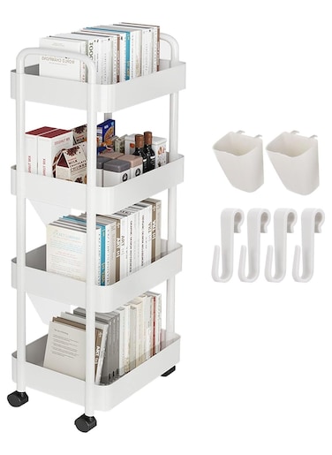 4-Tier Rolling Utility Cart with Wheels, Detachable Utility Storage Cart with Handle and Lockable Casters, Multi-Functional Storage Trolley for Office, Kitchen,Bathroom(White, 4-Tier)