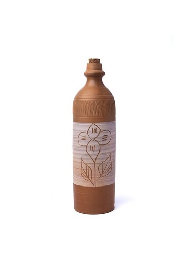 Terracotta Water Bottle Handmade   Mitti Bottle with Cork Stopper   Two-Tone Leaf Art Design   Natural Cooling   Eco-Friendly   1L