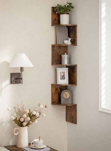 6-Tier Unique Personalized Wood Wall Mounted Corner Floating Shelves, Boho Shelves, Corner Hanging Shelf Storage Rack, Home Display Rack, Plant Shelf, Home Storage Rack for Home, Office