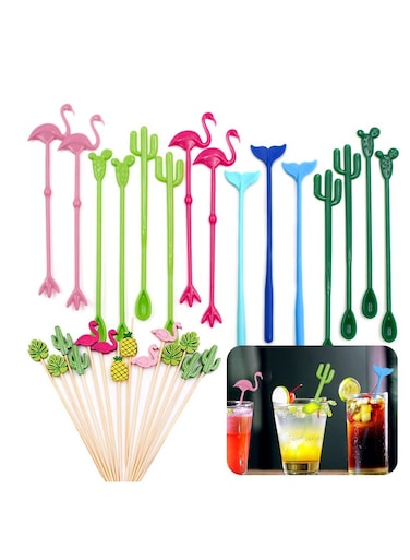 Ice Drink Mixing Stick Set,15Pcs Flamingo Cactus Reusable Novelty Swizzle Sticks with 100Pcs Bamboo Decorative Appetizer Picks for Tropical Beach Christmas Party