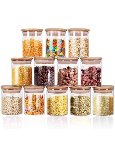 Yibaodan Glass Jars Set 8oz, 12 Set Spice Jars with Bamboo Airtight Lids and Labels, Food Cereal Storage Containers for Home Kitchen Tea Herbs Pasta Coffee Flour Herbs Grains