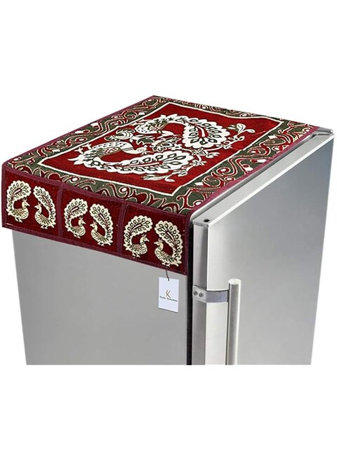 Kuber Industries Red Cotton Fridge Top Cover Peacock Design Fc09