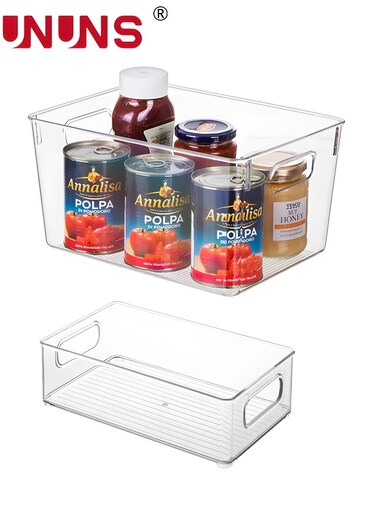 Plastic Storage Bins,2 Pcs Clear Plastic Pantry Storage Bins With Handle For Refrigerator Freezer Fridge Cabinet Cupboard Countertops,Hanging Kitchen Baskets,Perfect Kitchen Organization,Large