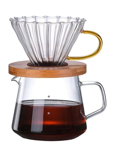 400 ML Pour Over Coffee Maker Dripper,Clear Borosilicate Glass Carafe Coffee Server, Wooden Funnel for Home Caf&Atilde;&copy; Camping Office