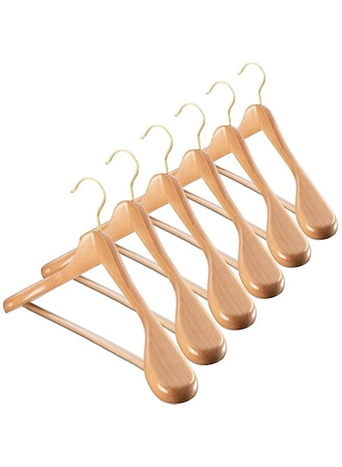 ZOBER High-Grade Wide Shoulder Wooden Coat Hangers with Gold hook Non Slip Pants Bar - Wooden Suit, Coat Hanger, Holds Upto 20lbs, for Dress, Jacket, Heavy Clothes Hangers (NATURAL, 3 PACK)