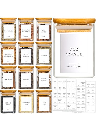 Laramaid 7oz 12Packs Glass Jars Set with Minimalist Spice Labels, Square Spice Jars with Bamboo Lids and White Vinyl Customized Sticker Labels, Food Storage Container Canisters