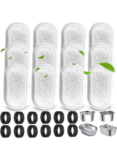 FALAHOM 12+12PCS Cat Water Fountain Filters for Stainless Steel 108oz/3.2L &amp; 67oz/2L, Adjustable Water Flow Pet Fountain, 12 Pack Pet Replacement Filters with 12 Sponges (12 Carbon Filters+12 Sponges)