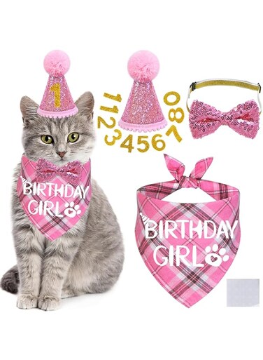 STMK Cat Birthday Party Supplies, Cat Birthday Hat with Birthday Number Cat Birthday Bandana Girl Bow Tie Collar Cat Birthday Outfits for Cat Kitten Birthday Decorations, Pink