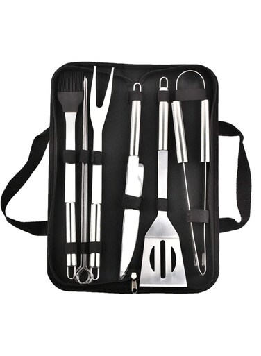 TIME 9 Piece Stainless Steel BBQ Grill Tool Set Silver/Black