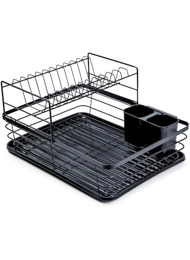 Cuisine Art Dish Drying Rack, Dish Rack for Kitchen Counter, Rust-Proof Dish Drainer with Drying Board and Utensil Holder for Kitchen Counter Cabinet 43&times;31.5&times;22cm Black