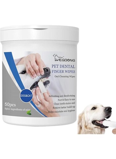 NALACAL Pet Teeth Cleaning Finger Wipes, Oral Cleansing Teeth Wipes Pads for Dogs and Cats, Freshen Breath, Reduce Plaque &amp; Tartar, 50 Wipes