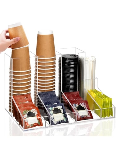 Suzile Acrylic Cup and Lid Organizer, 4 Compartments Coffee Station Organizer Condiment Rack Breakroom Accessories Countertop Cup Dispenser for Office, Home, Clear