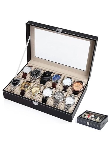 Arabest 12 Slot Watch Organizer Watch Display Case Organizer With Glass Lid, Watch Box Organizer For Men, Black PU Leather Jewelry Box
