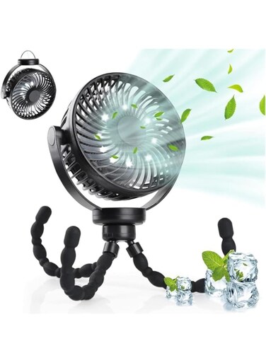 AMERTEER Upgraded Portable Baby Stroller Fan - 5200mAh Mini Handheld Desk Cooling Fan - 360&deg;Rotate Rechargeable Mini Clip On Fan With Flexible Tripod For Stroller Treadmill Crib Car Seat Travel-Black