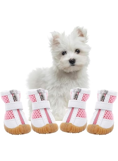 Joyzzz Mesh Dog Shoes, 4 PCS Size 2 Anti-Slip Breathable Dog Shoes for Small Dogs, Waterproof Puppy Booties Sandals with Anti-Slip Sole and Zipper, Dog Hiking Shoes for Hot Pavement (Pink)