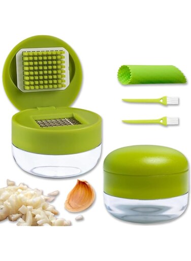LENND Pcs Garlic Press Stainless Steel, Garlic Mincer Crusher with Peeler and Cleaning Brush, Garlic Chopper Mini Kitchen Tool Mincer, and Storage Container - Includes 2PCS mini Brushes