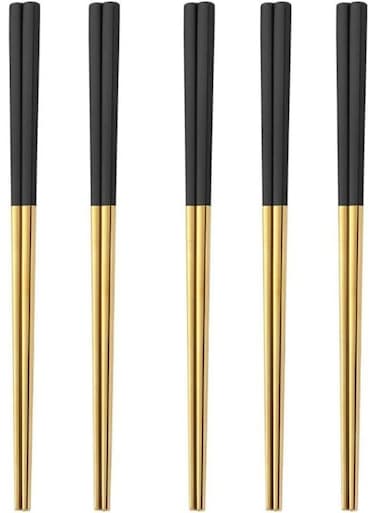 Pairs Stainless Steel Chopsticks Set, 304 Metal Reusable, Square Anti-Slip Design, Dishwasher Safe, Lightweight Korean Japanese Chopsticks for Sushi, Noodles, Hot Pot, 23cm &acirc;&euro;&ldquo; Gold Black