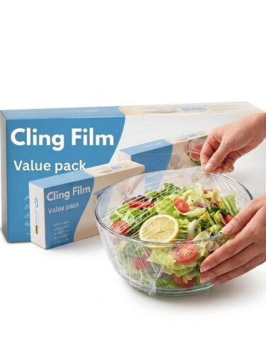 Cling Film Value Pack Plastic Wrap Roll &acirc;&euro;&ldquo; Strong Cling, Food Safe Transparent Wrap, Airtight Freshness Seal, Easy Cut Kitchen Wrap for Food Storage, Fruits &amp; Vegetables