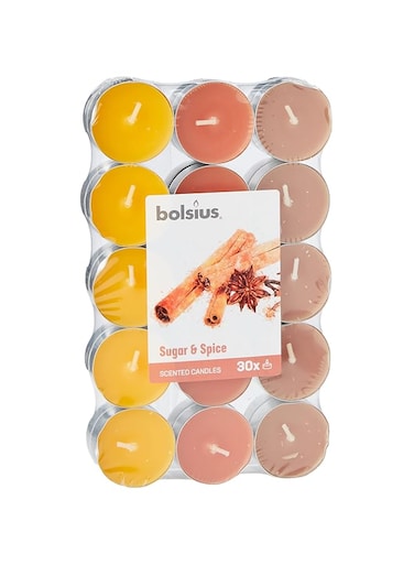 BOLSIUS Fragranced Tealights-Sugar &amp; Spice Scented-Multi Coloured-4hr-pack 30, Wax, One Size, 101826944487
