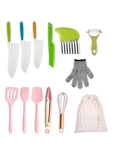 VHYUAH Kids Knife Set for Real Cooking,Toddler Knife Set,13PCS Kid Safe Knife Set for Real Cooking with Veggie Peeler,Crinkle Cutter,Cut Resistant Glove,Kitchen Tongs and Silicone Kitchen Spatula