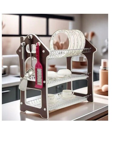 3 Layer Dish Drying Stand Dish Rack with Drain Tray Bowl Storage Rack Plate Organizer Utensil Holder Dish Driner for Kitchen Countertop (House)