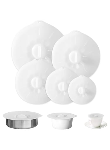 O Ozone 5 Pack Reusable Silicone Suction Lids Heat Resistant Microwave Cover for Food Covers Lids for Cups, Bowls, Plate, Pots, Pans, Skillets, Stove Top, Oven, Fridge, BPA Free - Light Grey