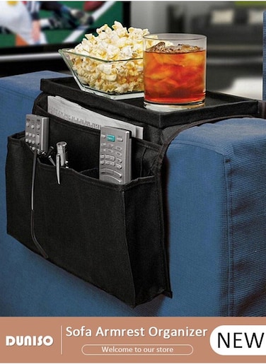 Sofa Armrest Organizer with Cup Holder Tray Chair Arm TV Remote Holder for Recliner Couch Armchair Caddy Bedside Storage Pockets Bag for Cellphone Tablet Book Magazines Drinks Holder Pouch