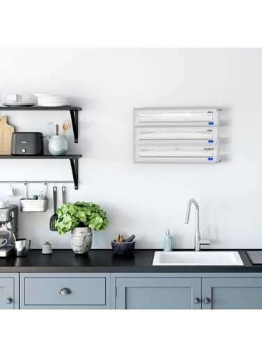 Wrap Organizer - Space-Saving Vertical Dispenser with Cutters for Foil, Plastic Wrap &amp; Parchment Paper