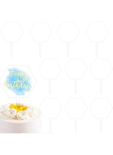 DARENYI Acrylic Cake Toppers 10 Pcs Blank Hexagon DIY Birthday Cake Topper DIY Hexagon Shape Acrylic Clear Cake Toppers for Wedding Birthday Party Cake Decoration Supplies