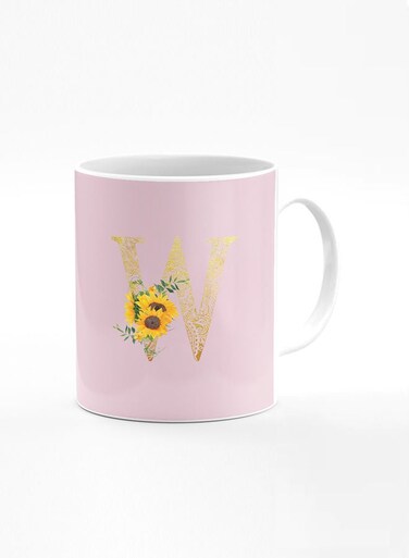 Designer Printed Coffee Mug 11oz Ceramic Personalised Gift Mugs Cup Custom Monogram Initial Letter Mandala Floral Pattern Alphabet W (Pink)