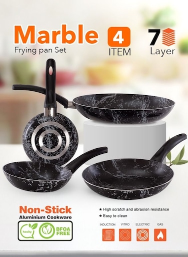 4 Piece Cook Marble Fry Pan Set 7-Layer Granite Coating Non-Stick Surface with Bakelite Handle 18-20-24-28 Marble Black