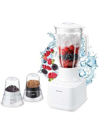 Panasonic Blender 700W Ice Crushing Smoothie Maker, 2L Glass Jug, 2 Dry Mills, Durable Sawtooth Blades, White, MX-MG5321WTZ