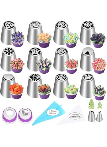 Tepengdie 27 Pcs Russian Piping Nozzles Set, 12 Flower Frosting Nozzles, 2 Leaf Tips, 2 Couplers, 11 Piping Pastry Bags, Food Grade Material, Cake Decorating Set