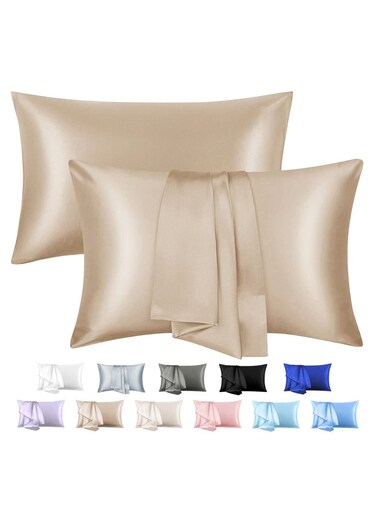 2-Piece Simple Solid Colour Silk Satin Pillow Case with Envelope Closure for Hair and Skin Light Beige 51x76/51x102cm