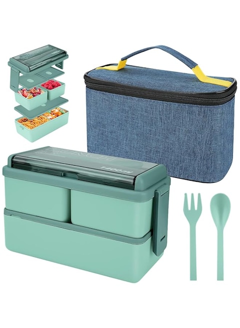 NAWOKEENY Bento Lunch Box with Spoon Fork, Stackable 2 Layer 3 Compartments Leak Proof Bento Box with Insulated Bag and Cutlery, 1400ml Bento Box Microwave and Dishwasher Safe for Adult Kid (Green)