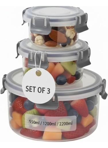 Food Storage Container 3-Piece, with Spoons and Forks, BPA-Free Plastic, Round, 4-Lock Leakproof, Stackable, 550ml/1200ml/2200ml, for Kitchen, Freezer, Lunch